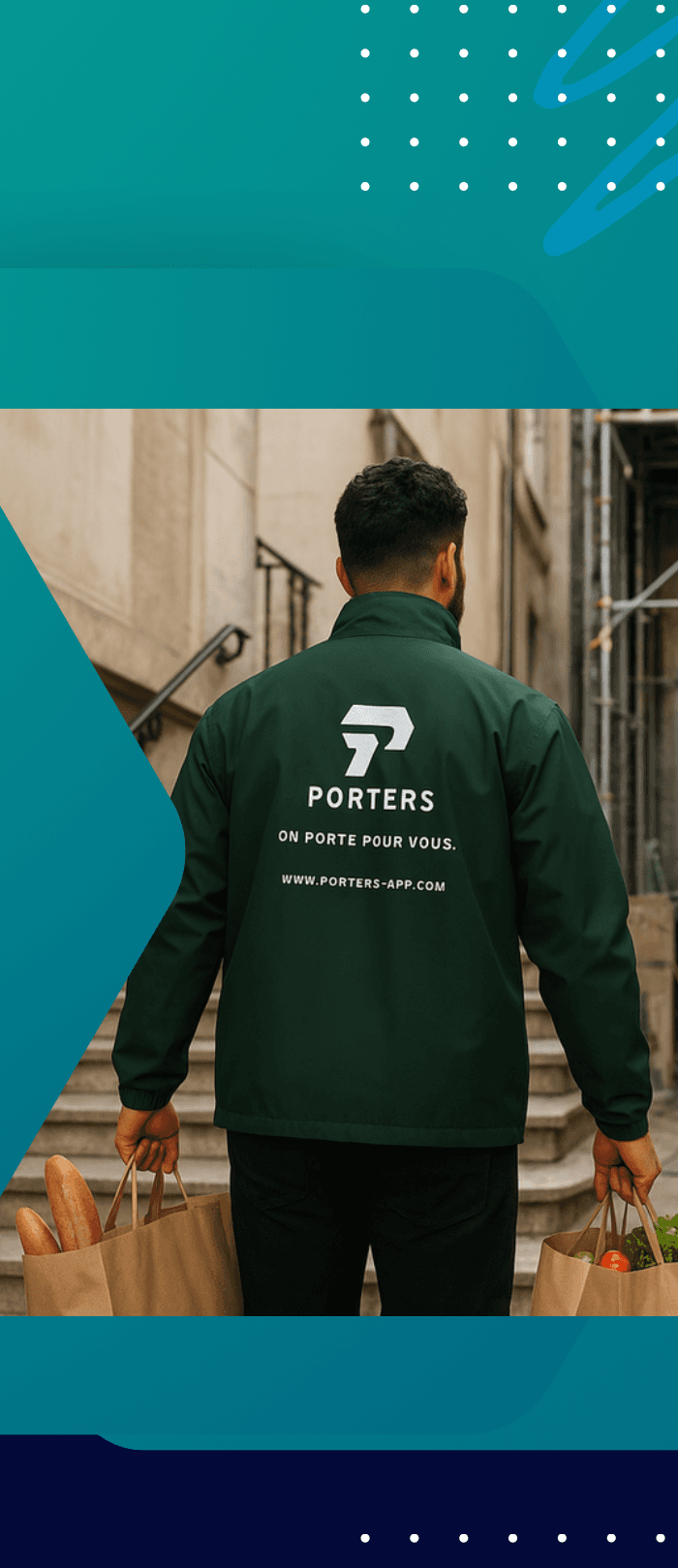 Intervenant PORTERS portant des courses au pied d’un escalier